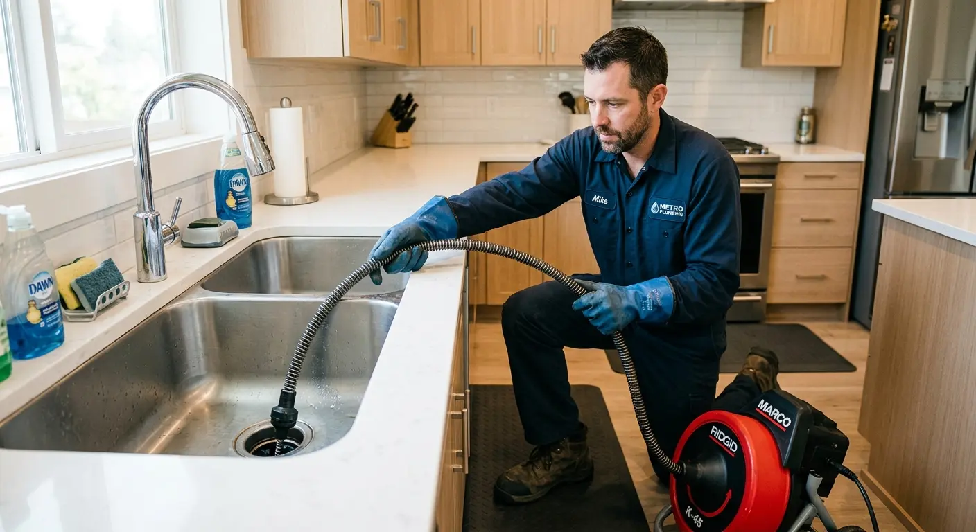 Drain cleaning technician using a motorized snake on a kitchen sink in Elsmere