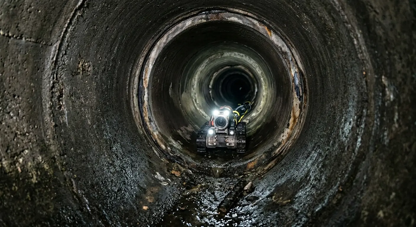 Robotic sewer camera inspecting pipe interior for Sewer Line Cleaning in Elsmere
