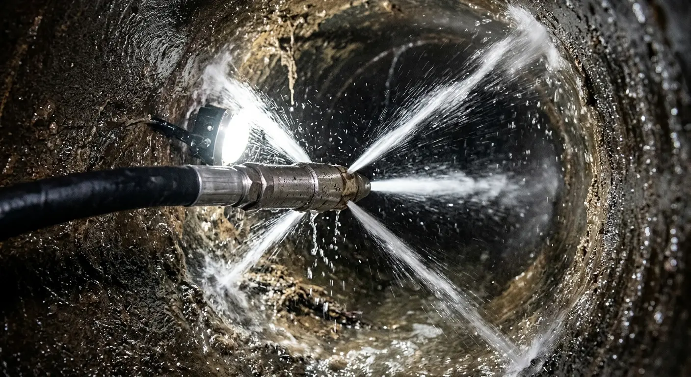 High-pressure hydro jetting nozzle cleaning sewer pipe for Trenchless Sewer Repair in Elsmere