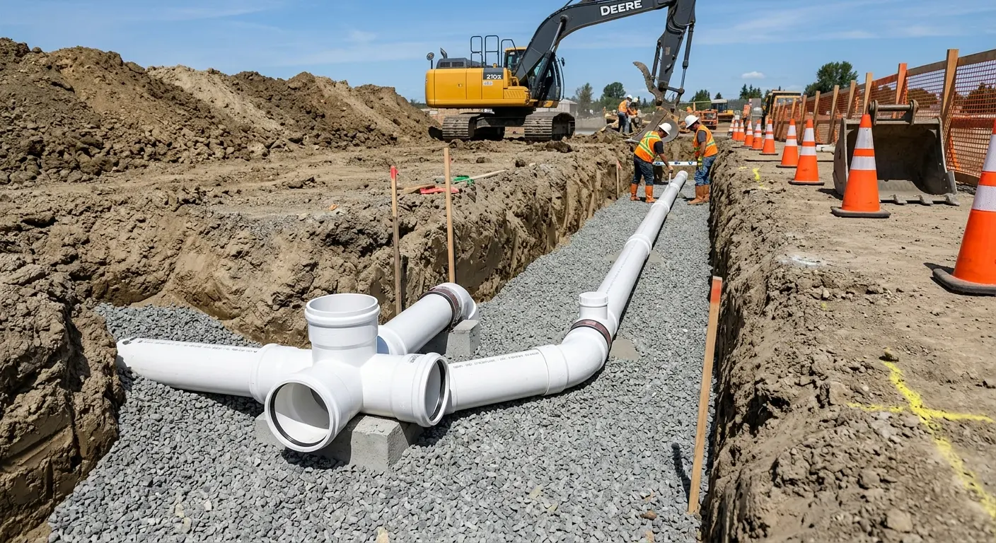 New PVC sewer pipe installation in open trench for Sewer Backup in Elsmere