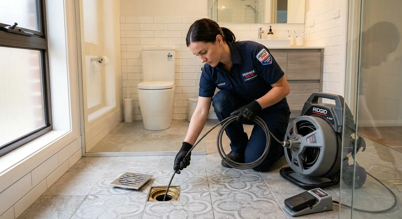 Technician clearing a bathroom floor drain for Sewer Line Replacement in Elsmere
